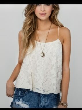 Buckle BKE Lace Overlay Spaghetti Strap Tank Top - Cream With Rhinestones